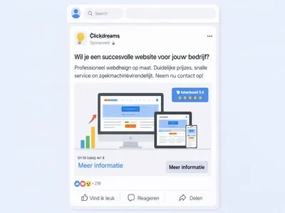 Gesponsorde Facebook-advertentie van Clickdreams in de tijdlijn met de vraag “Wil je een succesvolle website voor jouw bedrijf?”