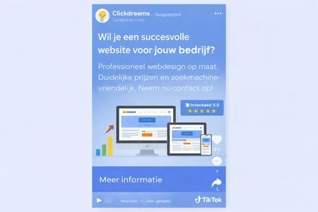 Gesponsorde TikTok-advertentie van Clickdreams met de vraag “Wil je een succesvolle website voor jouw bedrijf?”