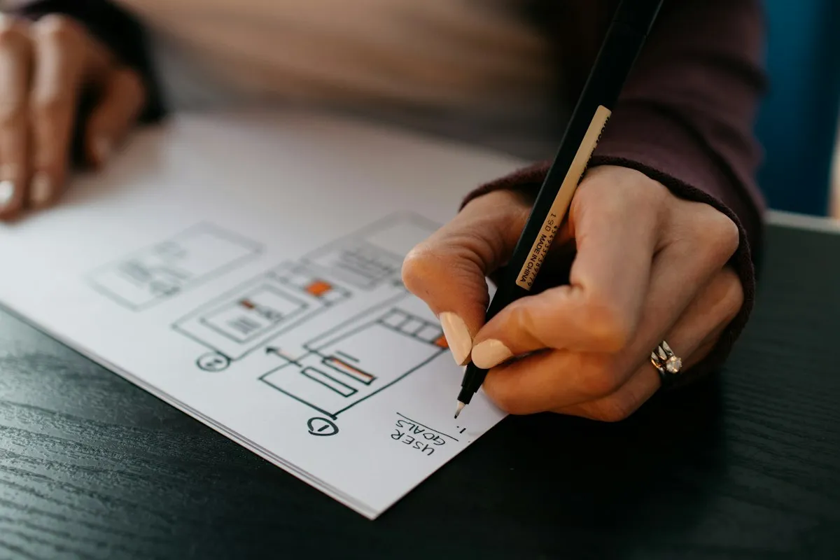 Schets van een website-indeling op papier – ontwerp van een WordPress website
