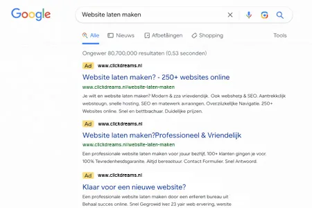 Google-zoekresultaten voor “website laten maken” met drie gesponsorde advertenties van Clickdreams bovenaan