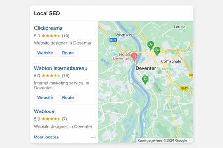 Lokaal 3-pack in Google met drie webdesigners in Deventer en een kaart