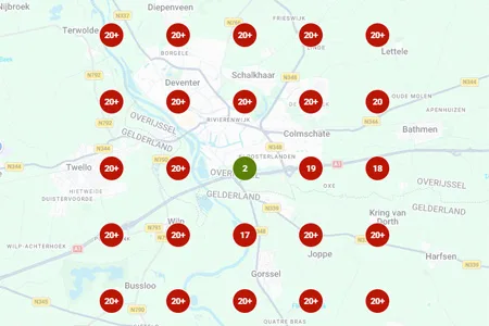 Rankingscan vóór optimalisatie: bijna overal positie 20 of lager rond Deventer