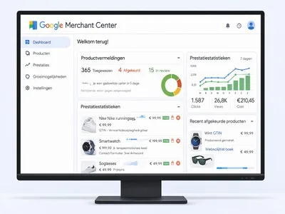 Dashboard van Google Merchant Center met productvermeldingen en prestatiestatistieken