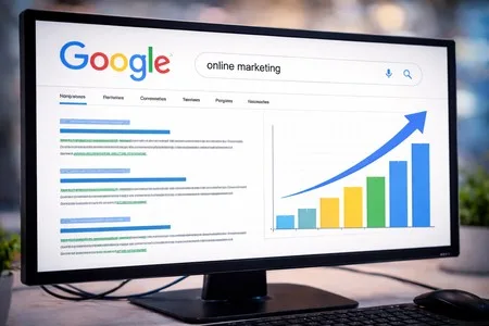 Google-zoekresultaten en stijgende grafiek op een monitor – SEO optimalisatie