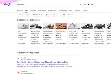 Gesponsorde Google Shopping-producten bovenaan de zoekresultaten voor “nike air max”