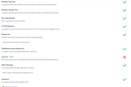 Checklist uit de gratis SEO scan van Clickdreams met verbeterpunten