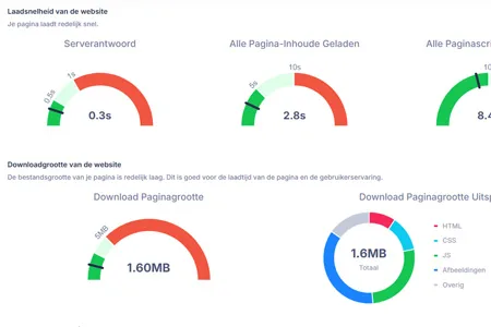 Voorbeeld van de SEO-scan: laadtijd en paginagrootte
