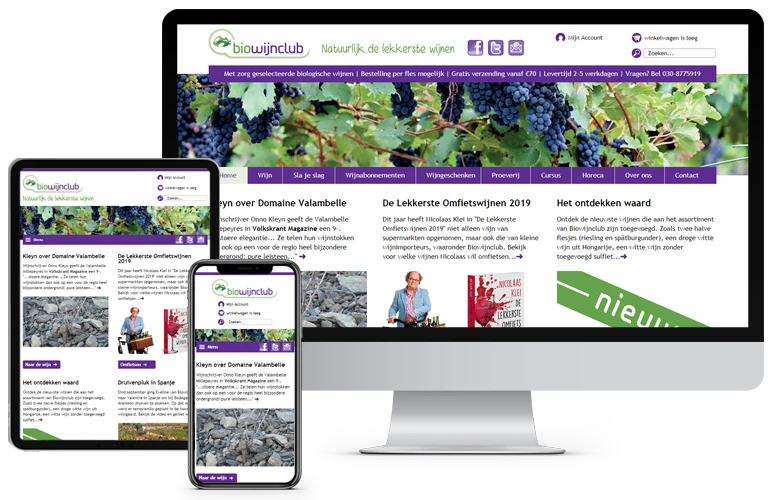 Website Biowijnclub op desktop, tablet en mobiel